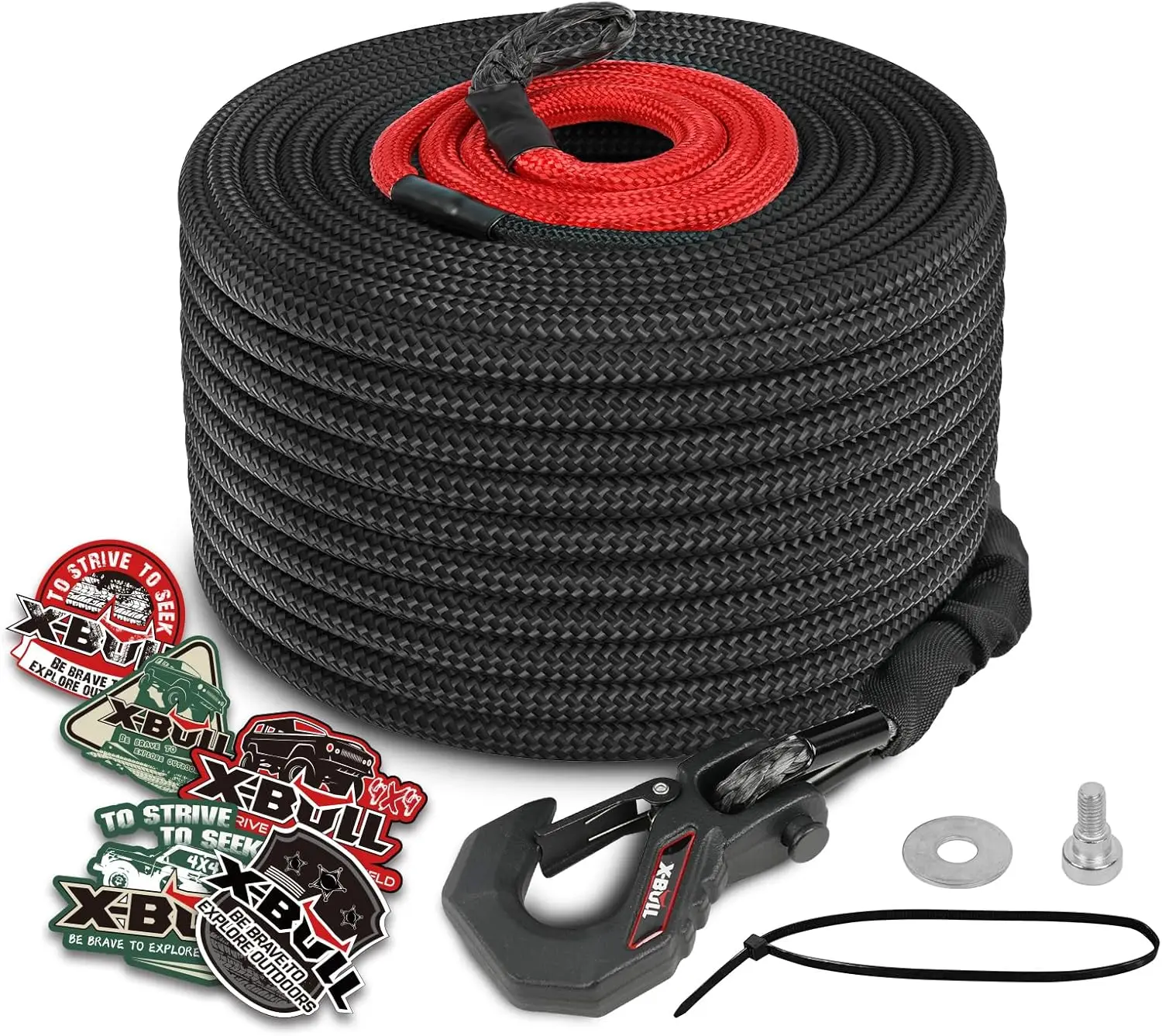 

Профессиональный комплект синтетического троса для лебедки - 3/8 дюйма x 82 фута, грузоподъемность 16000 фунтов, с защитным кожухом и кованым крюком для внедорожников