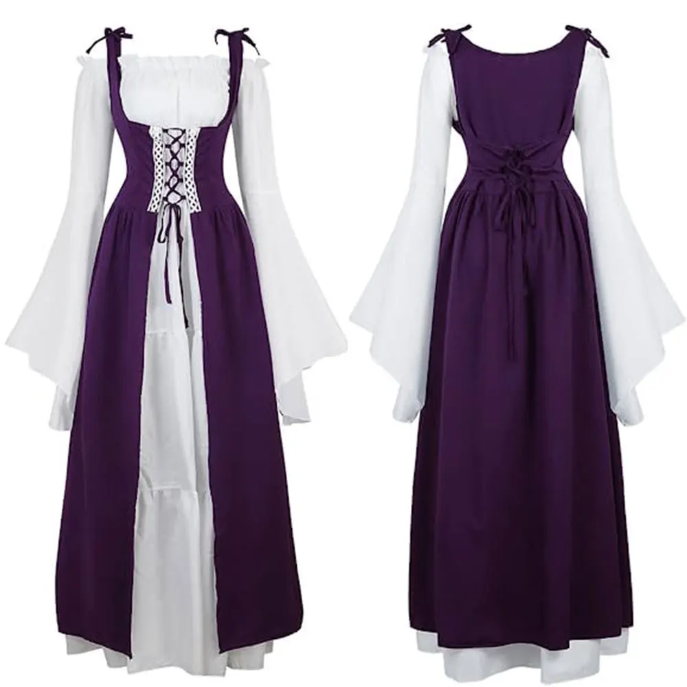 Retro Sukienka Średniowieczna Renesansowa z Kwadratowym Dekoltem i Podkreśloną Talia, Strój na Halloween, Damska Odzież Etniczna na Scenę
