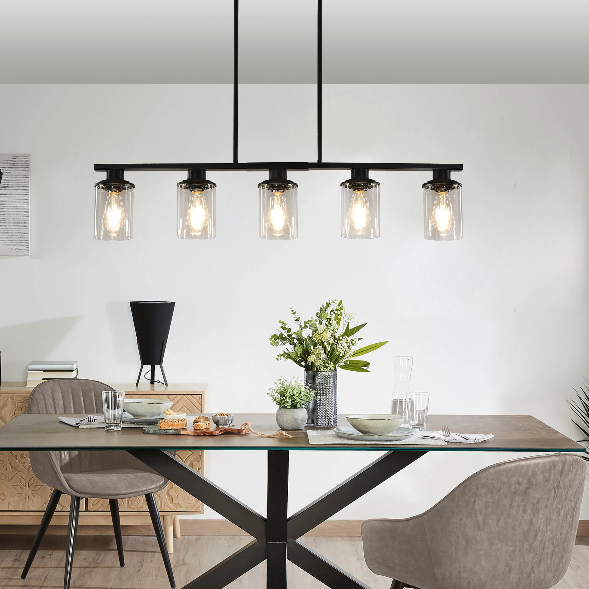 Modern Industrial 5-Light Chandelier with Clear Glass Shades, Matte Black Metal Frame Hanging Ceiling Light Fixture (No Bulbs)