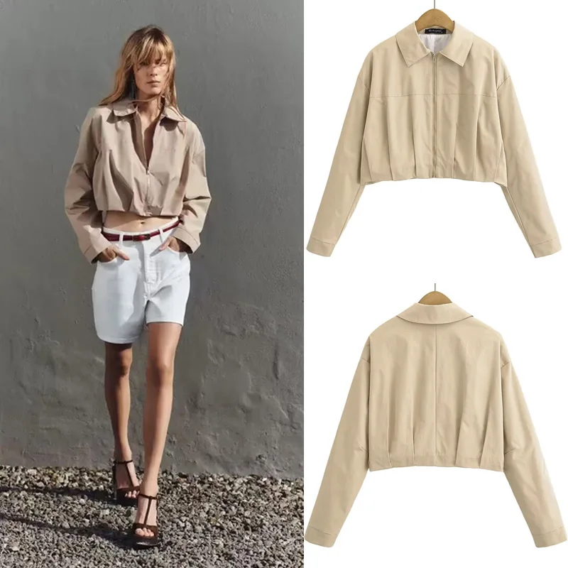 

Spring Autumn Long Sve Pleated Loose Fit Zipper Collar ort Coat Women's Faion Simple Sle Windproof Single Piece
