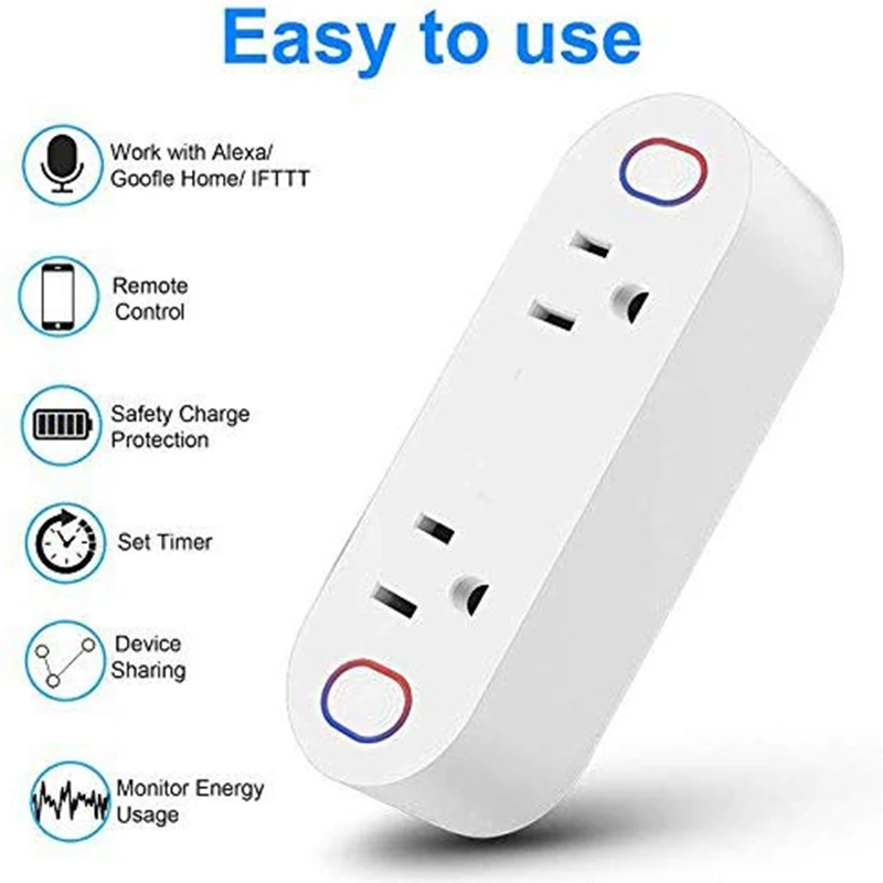 2 Pack Smart Plug 15A Smart Dual Outlet Sockets With Energy Monitoring Hands-Free Voice Control For Alexa, IFTTT & Google Assist