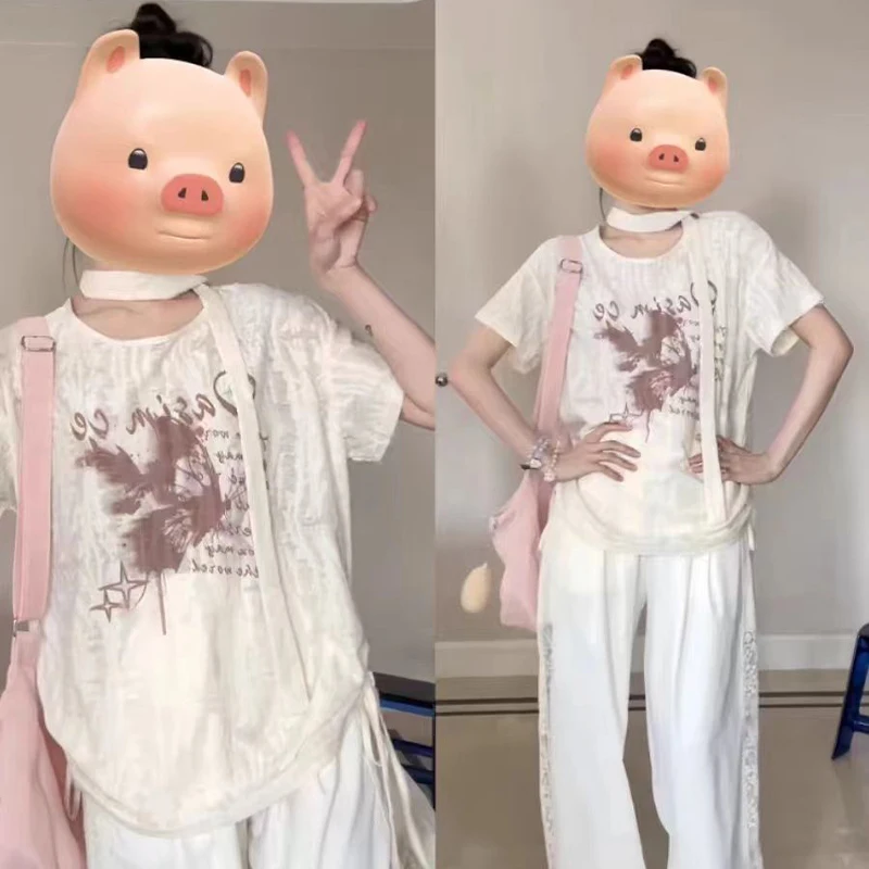 Women Y2K Aesthetic Casual Drawstring Tees Summer Harajuku Letter Butterfly Print Grunge T-Shirts Loose Streetwea Oversized Tops