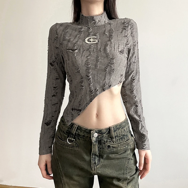 

Fashion Wasteland Style Irregular Cut-off Half Collar Top Washed Old Midriff-Baring Long Sleeve T-shirt