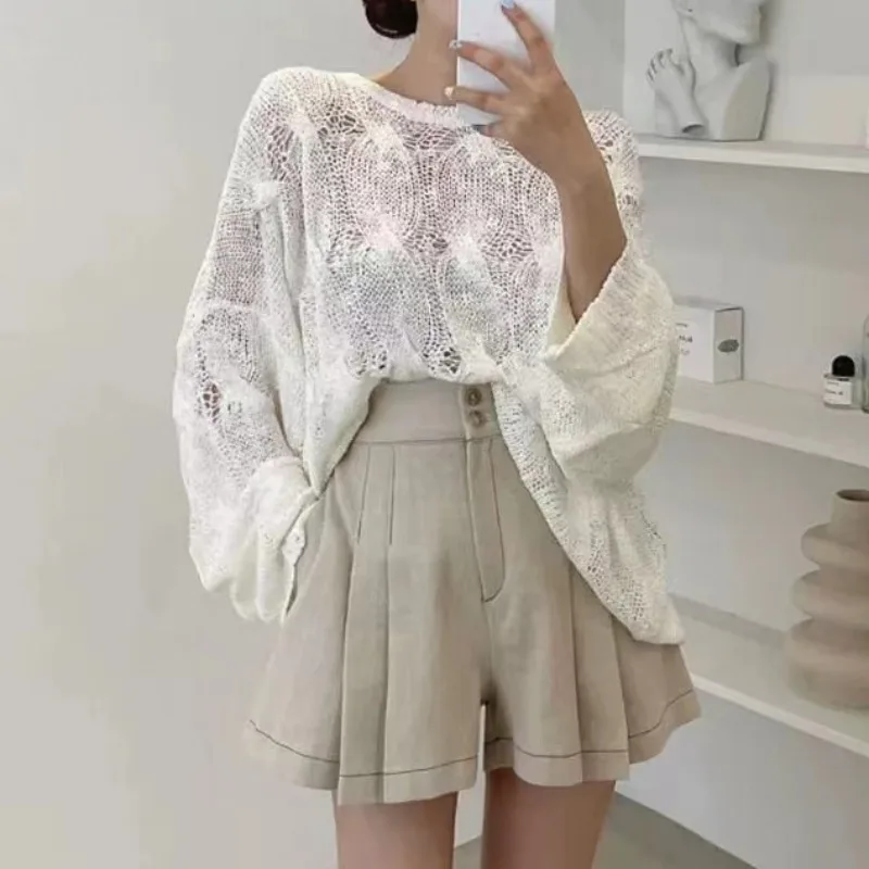 

Chic Summer Women's Knitwear Long Sve round Ne Two Button High Waist Pleated ort Pants Set Versatile Ele Faionable