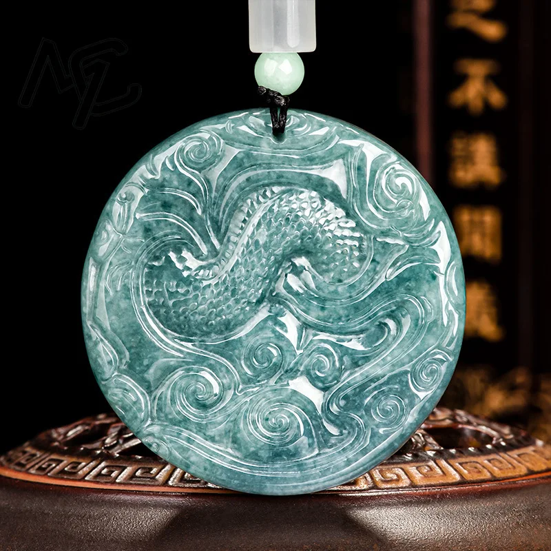 

Natural New Burmese Emerald Jade Blue Water Mighty Domineering Loong Pendant Jadeite Amulets Fashion Jewelry Gifts for Men Women