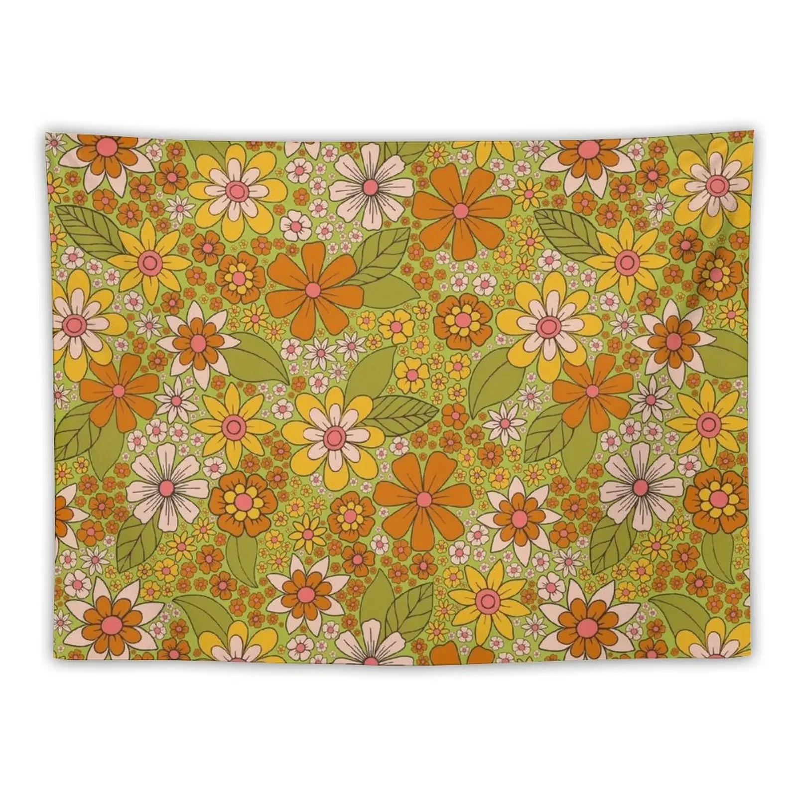 

1960s, 1970s Retro Floral in Green, Pink & Orange - Flower Power Tapestry Bed Room Decoration Home Decorators Tapestry