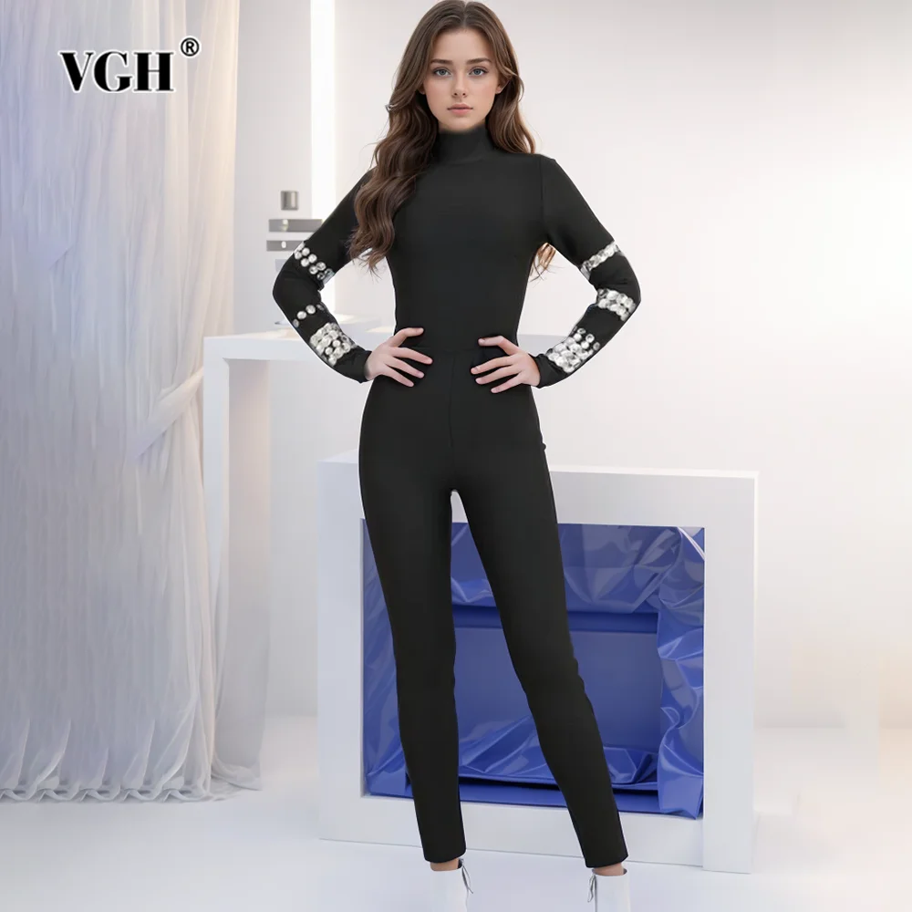 

VGH Solid Patchwork Diamonds Jumpsuits For Women Turtleneck Long Sleeve High Waist Spliced Zipper Slimming Jumpsuit Female New