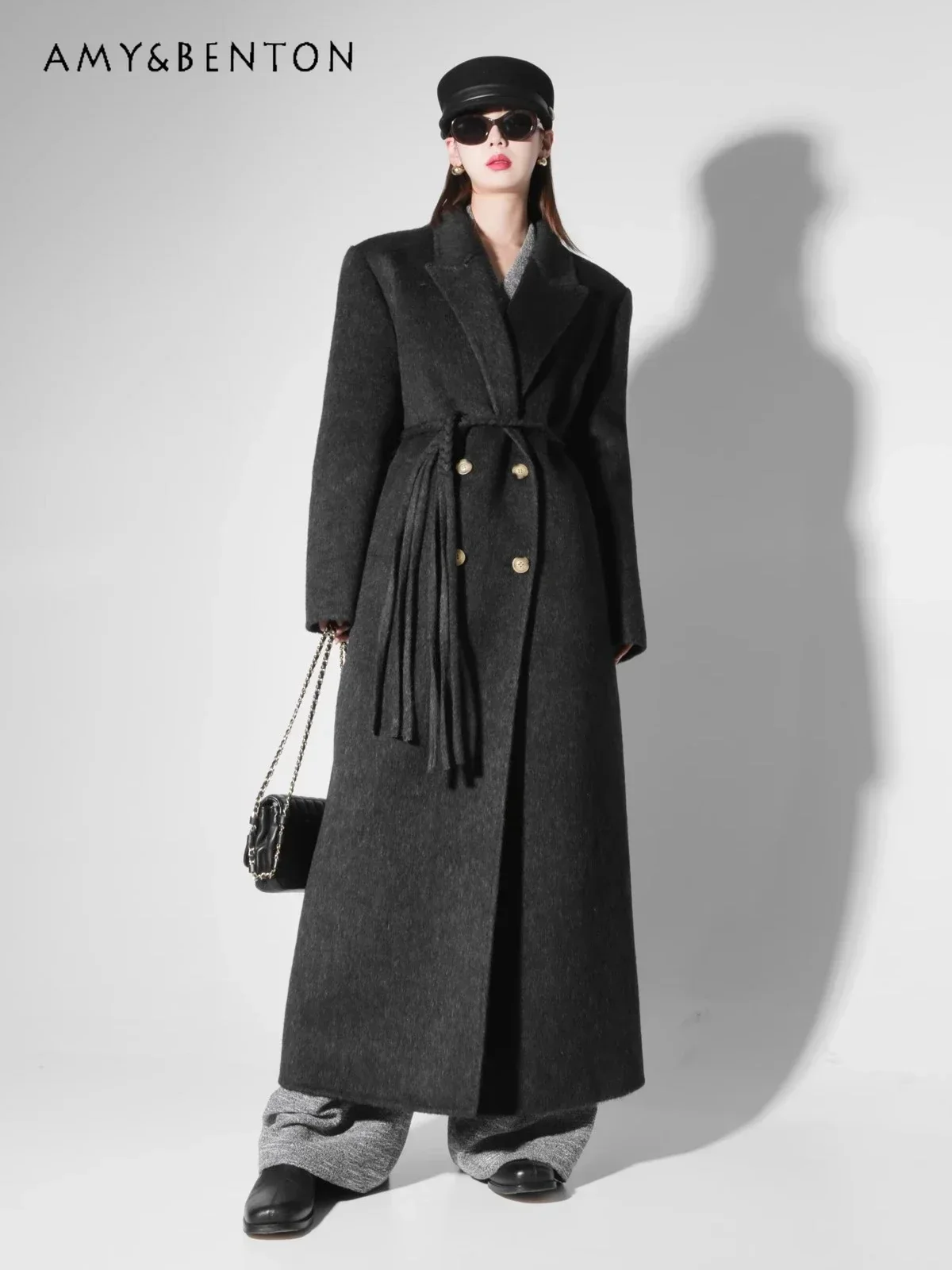 

High-End Wool Woven Belt Suit Collar Reversible Cashmere Coat Women Winter New Elegant Socialite Loose Versatile Slim Midi Coats