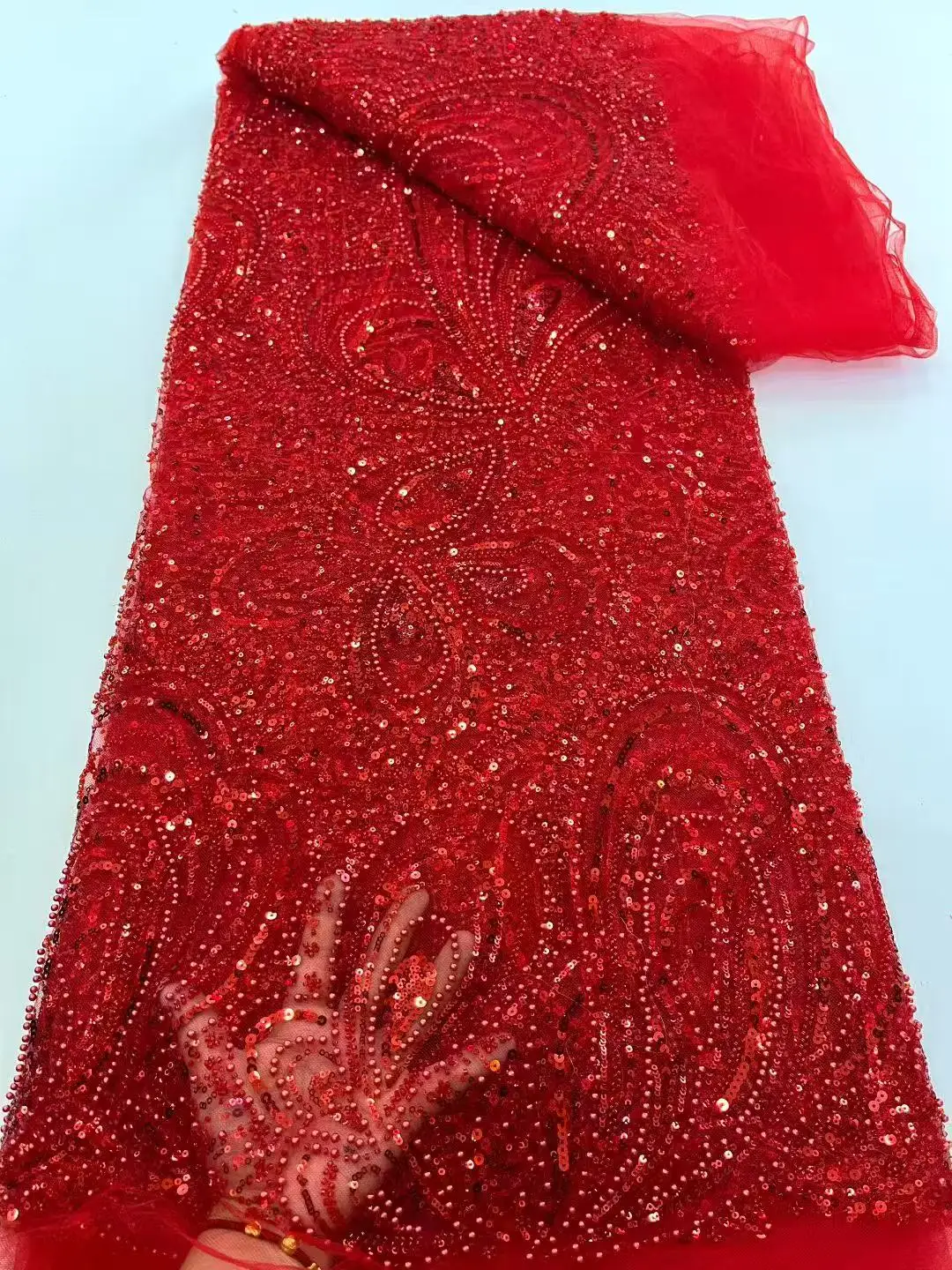 

French Beaded Sequins Lace Fabric 2025 High Quality 5 Yard Mesh Tulle African Lace Fabric Nigerian Wedding Dress for Women