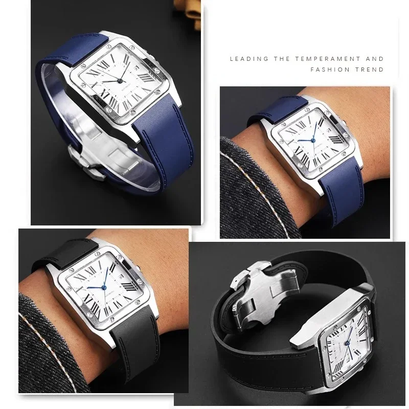 Para cartier santos100 santos pulseira de relógio de borracha de silicone santos 100 fivela de metal pulseira masculina preto azul pulseira macia 23 25mm