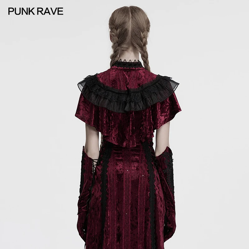 PUNK RAVE-chal de terciopelo bordado gótico para mujer, cuello Retro de encaje, exquisita hebilla de rosa, capa pequeña para fiesta y Club, dos colores