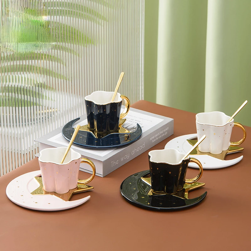 

Nordic Creative Ceramic Xingyue Coffee Cup with Plate and Spoon Gold Handle Mug Simple Fashion Home Afternoon Tea Milk Juice Cup