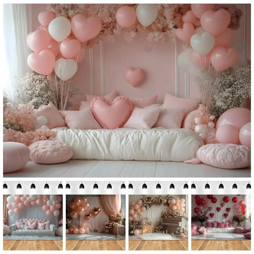 Valentine's Day Living Room Scene Backdrop Love Heart Balloons Rose Flowers Sofa Vintage Wall Couple Wedding Photo Background