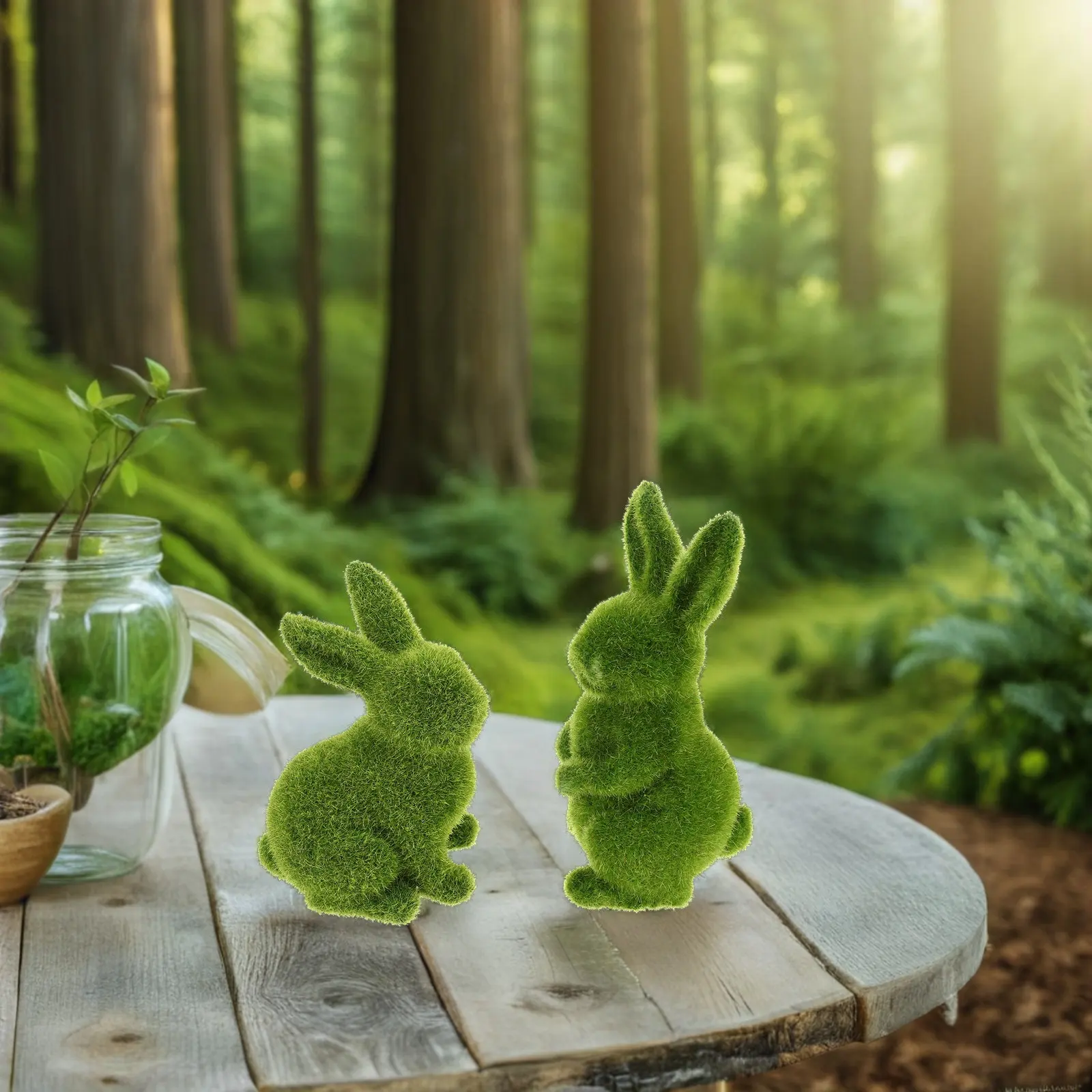 Flocked Rabbit Figurine Garden Statues and Figurines Faux Moss Covered Bunny Green
