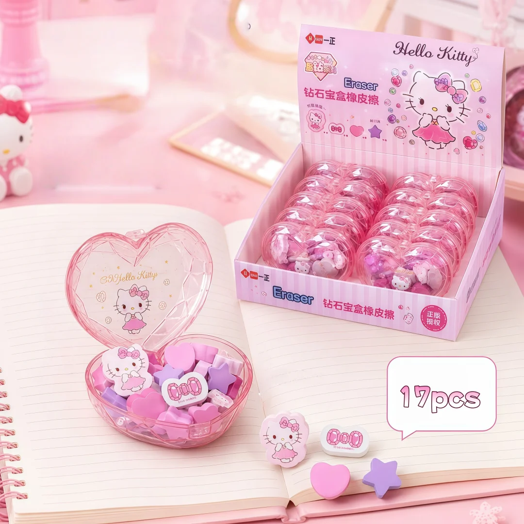 17pcs Hello Kitty Heart-Shaped Diamond Treasure Box Erasers, Cute Cartoon Kitty Cat Design Erasers for Girls, Cute Student Stationery Gift Box
