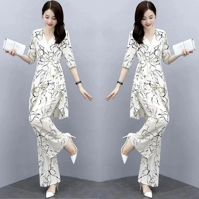 

Oversize Women Summer Clothing Set Fashion High Waist Wide Leg Pants & Irregular Hem Tops Two Pieces Suits Good Quality