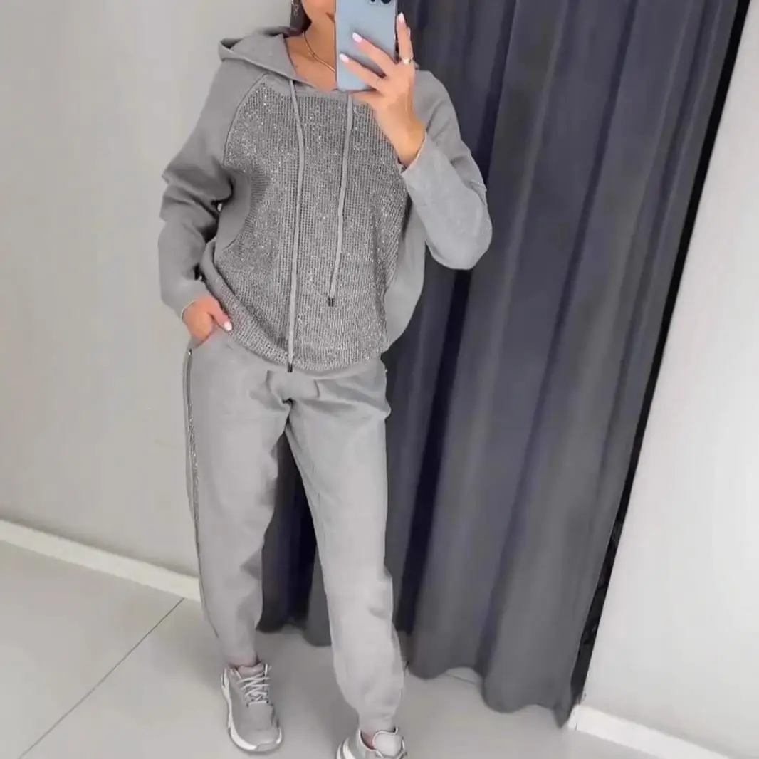 

Women's Hooded Sweatirt with kets Sports Casual Sle Long Sve Pure Color Tee-piece Set Autumn Faion for Adults