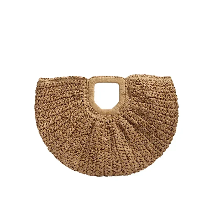 Ladies Bags 2024 Summer Handmade Bags for Women Beach Weaving Ladies Straw Bag Wrapped Beach Bag Moon Shaped Top Handle Handbags