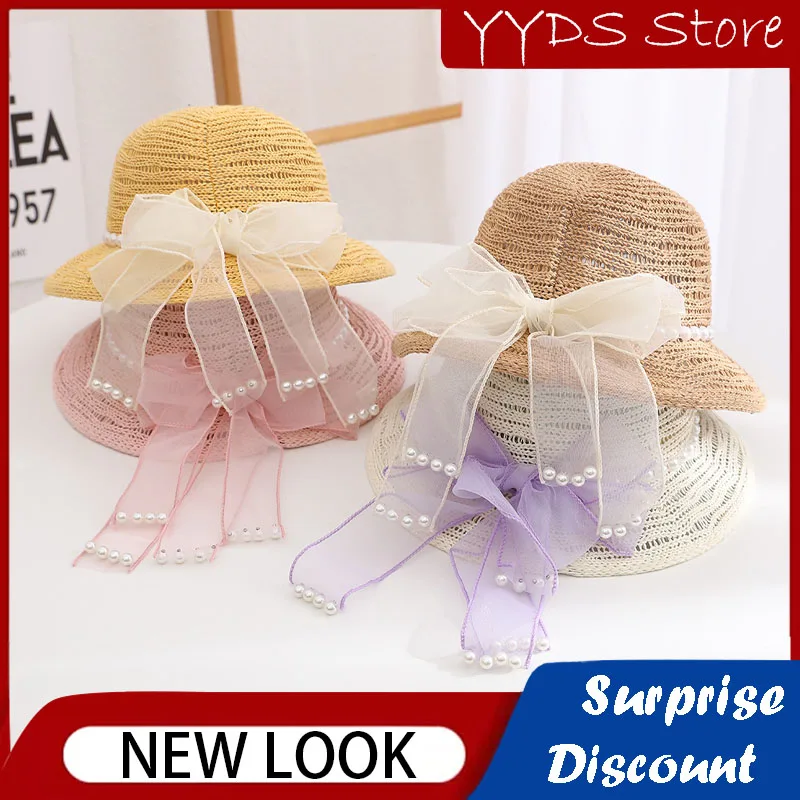 Summer Baby Straw Hat Cartoon Pearl Bow Decorative Ribbon Flat Straw Hat Fisherman Hat Beach Hat Panama Sun Protection Hat