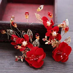 Vintage Silk Flower Hairpin For Girls Red Flower Pearl Hair Clip New Year Lucky Jewelry Hair Accessories Gift For Little Girls