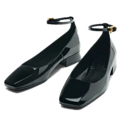 Jenny&Dave Elegant Buckle Square Toe Thick Heel Ballet Single Shoes Women French Retro Glossy Leather Mary Jane Shoes