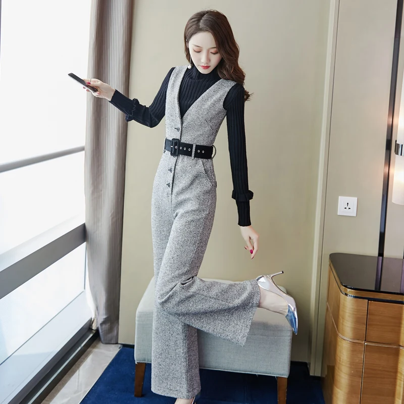 Office Lady Houndstooth Jumpsuit Women Spring Autumn High Waist Jumpsuits With Belt Combinaison Femme Elegant Overalls