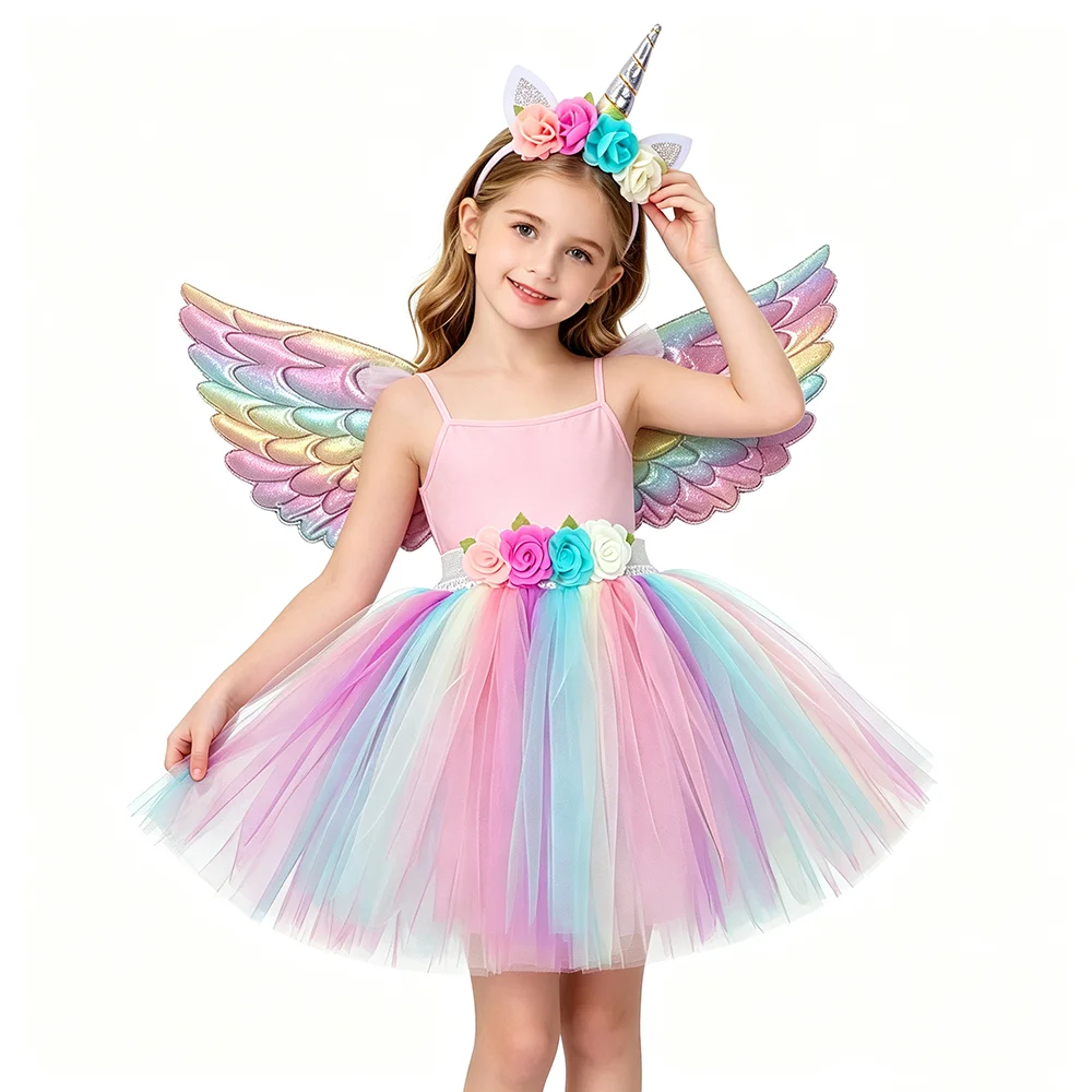 Girls Pastel Unicorn Tutu Skirt Outfit with Horns Angel Wings Kids Birthday Halloween Dress Up Costumes Princess Ballet Tutus