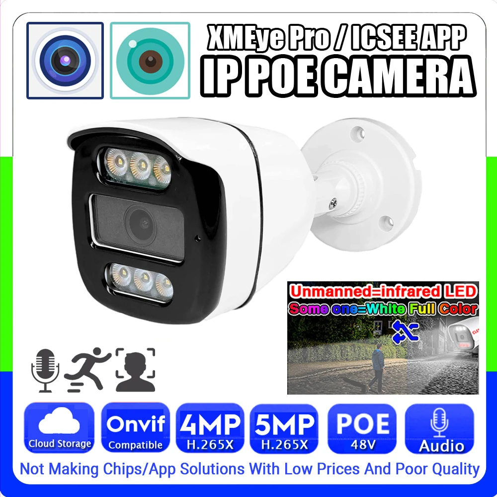 Ai Xmeye Audio Night Vision+Full Color Dual Light IP POE Camera 5MP 4MP HD Mic Outdoor Waterproof Onvif Ai Face Detection RTSP