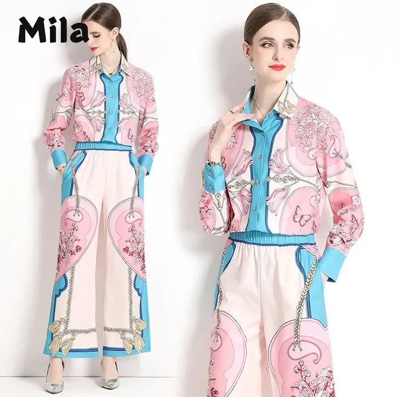 

2024 Autumn New Palace Retro Printed Shirt Wide-Leg Pants Suit Pant Sets for Women 2 Pieces Ensemble 2piece Femme Trafza Outfit