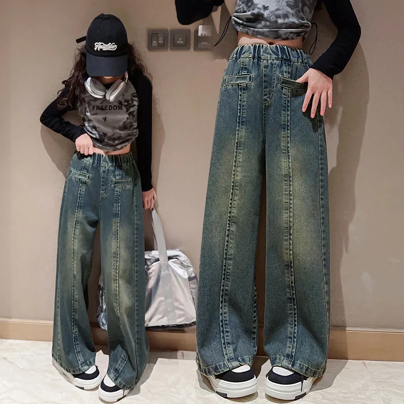 

Girls School Wide Leg Jeans Retro Splicing Design Casual Loose 2024 Kids Fashion Long Pants Children Korean Style Trousers