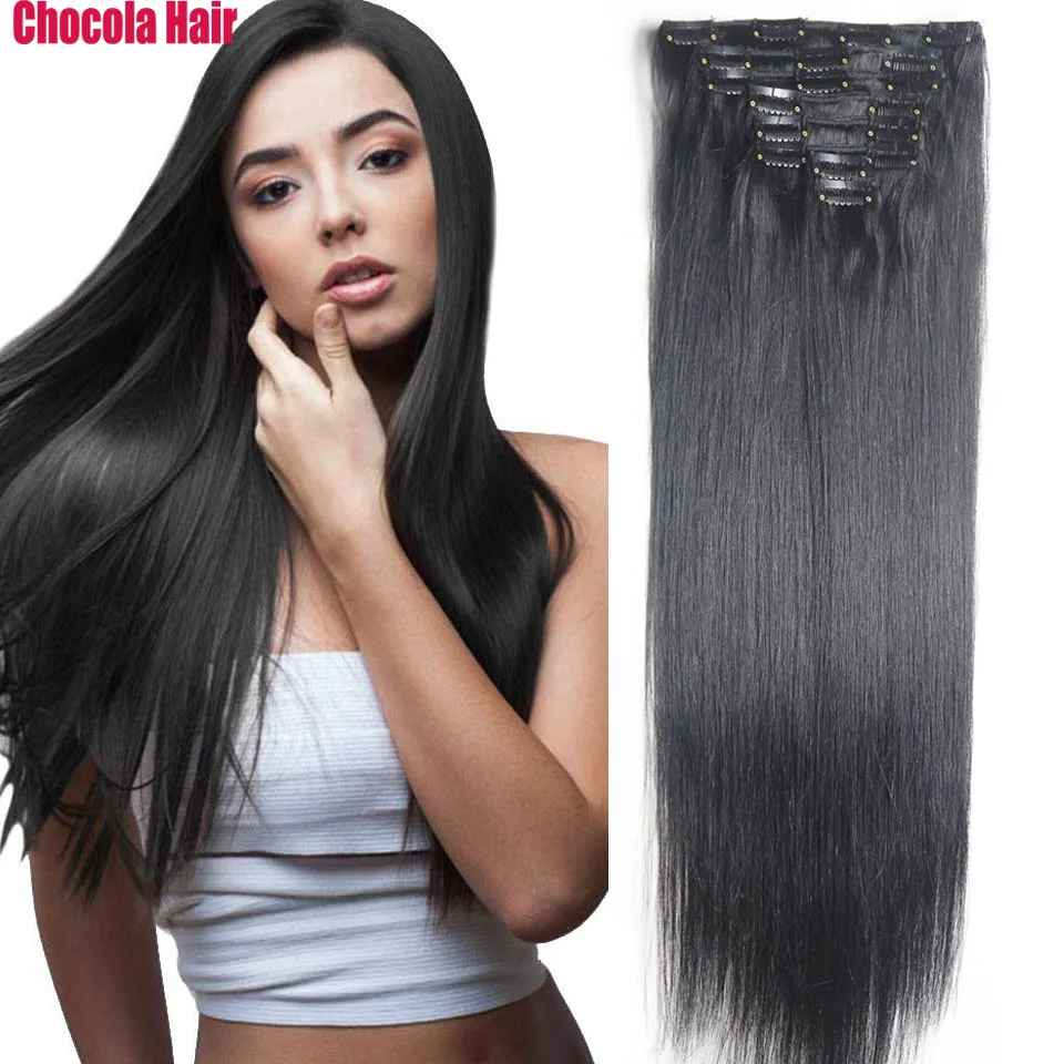 

Chocola 16"-28" 8pcs Set 160g Brazilian Remy Human Hair Clips In Human Hair Extensions Natural Straight Full Head