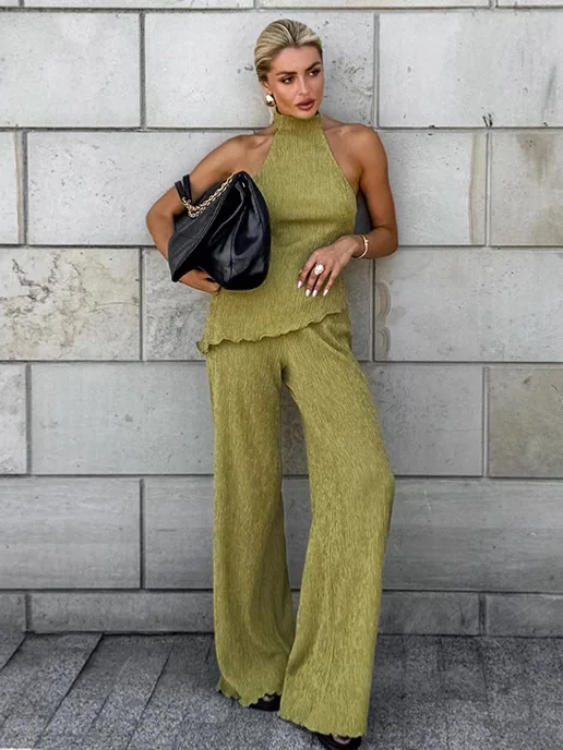 

Женский комплект для работы: плиссированный топ-халтер и брюки с широкими штанинами, французский зеленый цвет, 2026