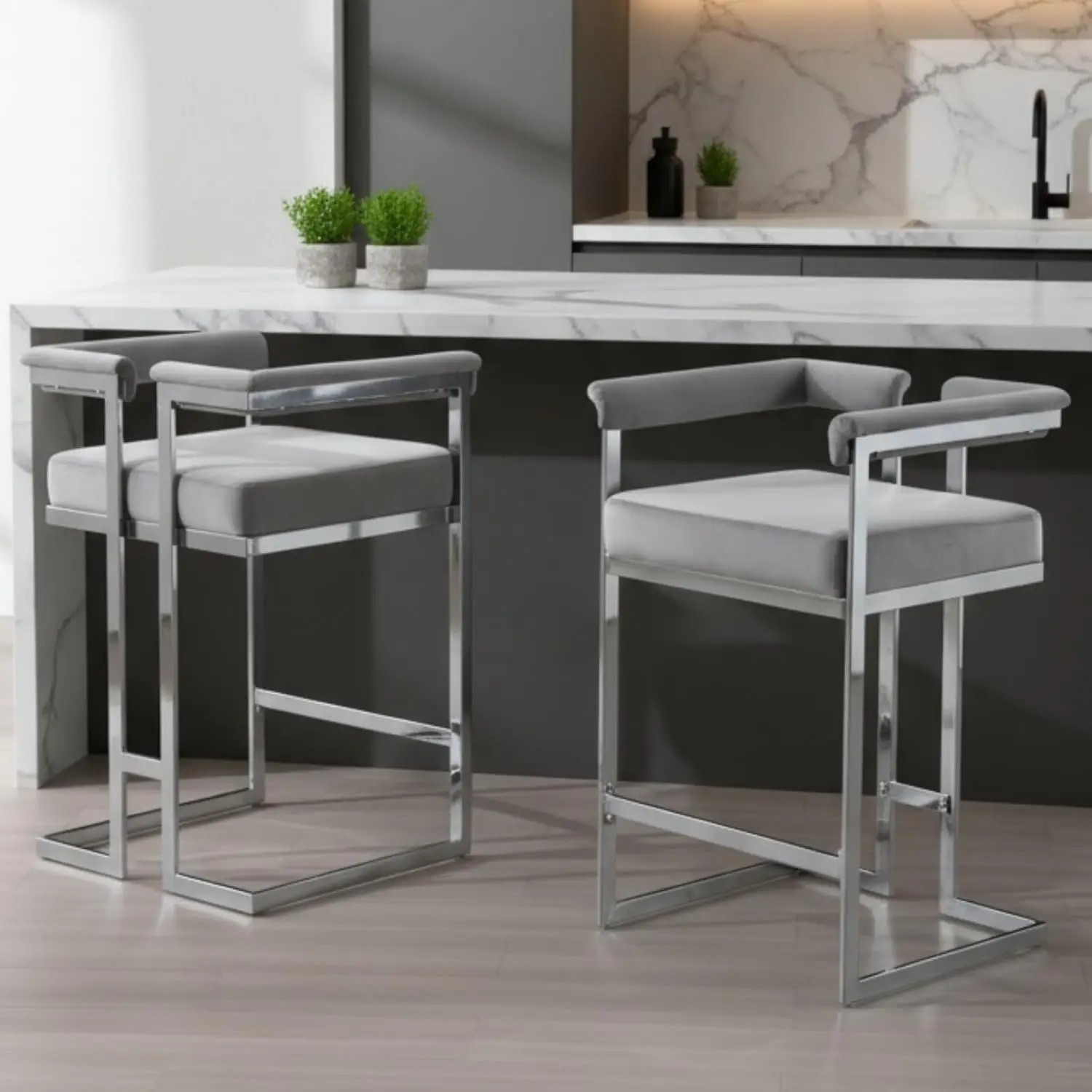 

Современные барные стулья, набор из 2 шт., табурет высотой 26 дюймов с хромированной отделкой, кухонный остров с бархатной обивкой, по индивидуальному заказу