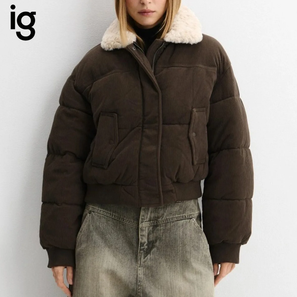 IG Women Brown Corduroy Cropped Puffer Bomber Jacket with Faux Shearling Collar Side Pockets, Winter Warm Casual Retro Outerwear