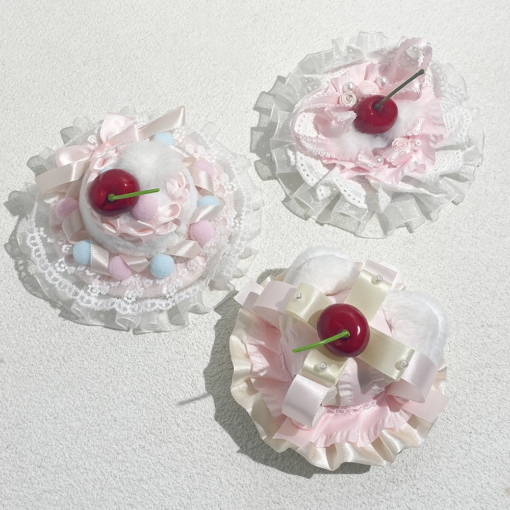 AENSOA Summer Pink Series Cake Lolita Hairpin For Women Girls Delicacy Cherry Lace Edge Bowknot Decoration Hair Accessories New