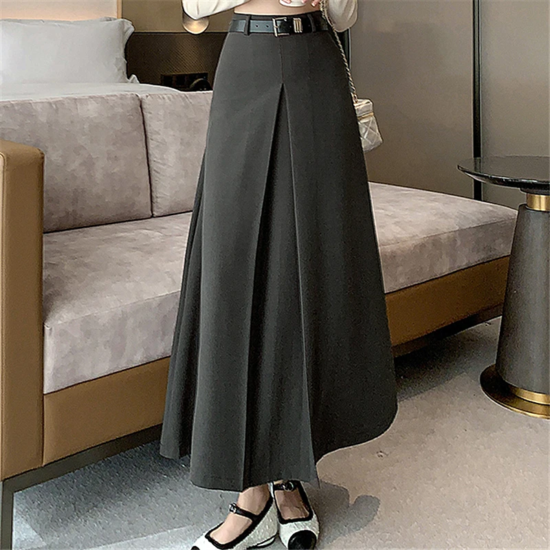 Seoulish Vintage Pleated Suit Women\'s Long Skirts Autumn Elegant Office Lady A-Line High Waist Solid Color Casual Skirts Female