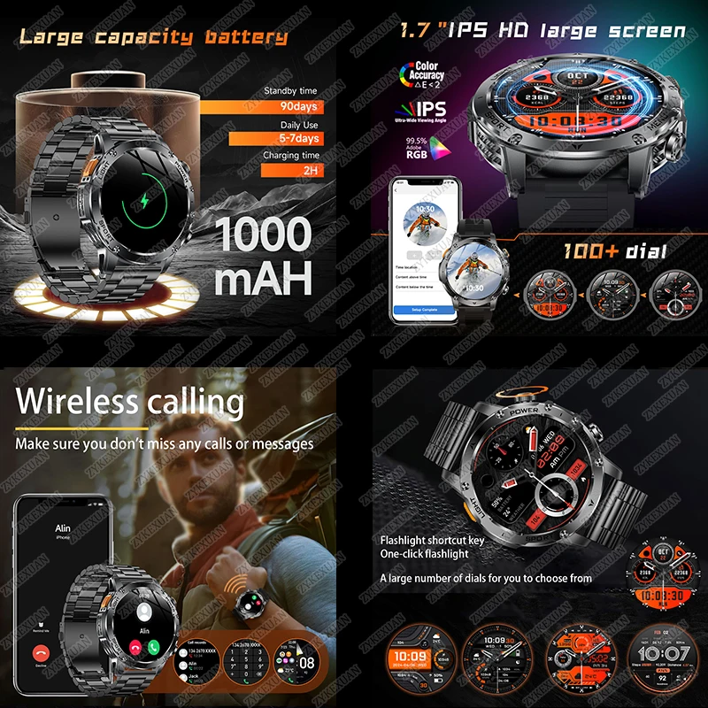 2026 T-REX3 1000mAh Large Battery Durable Adult Smart Watch GPS Strong Flashlight IP68 Waterproof BT Call Sports Smartwatch Men