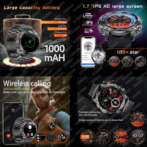 Imagen 2 del producto 2025 nuevo militar t-rex 3 Ultra 1000mAh batería reloj inteligente IP68 linterna impermeable ritmo cardíaco rastreador deportivo Smartwatch hombres