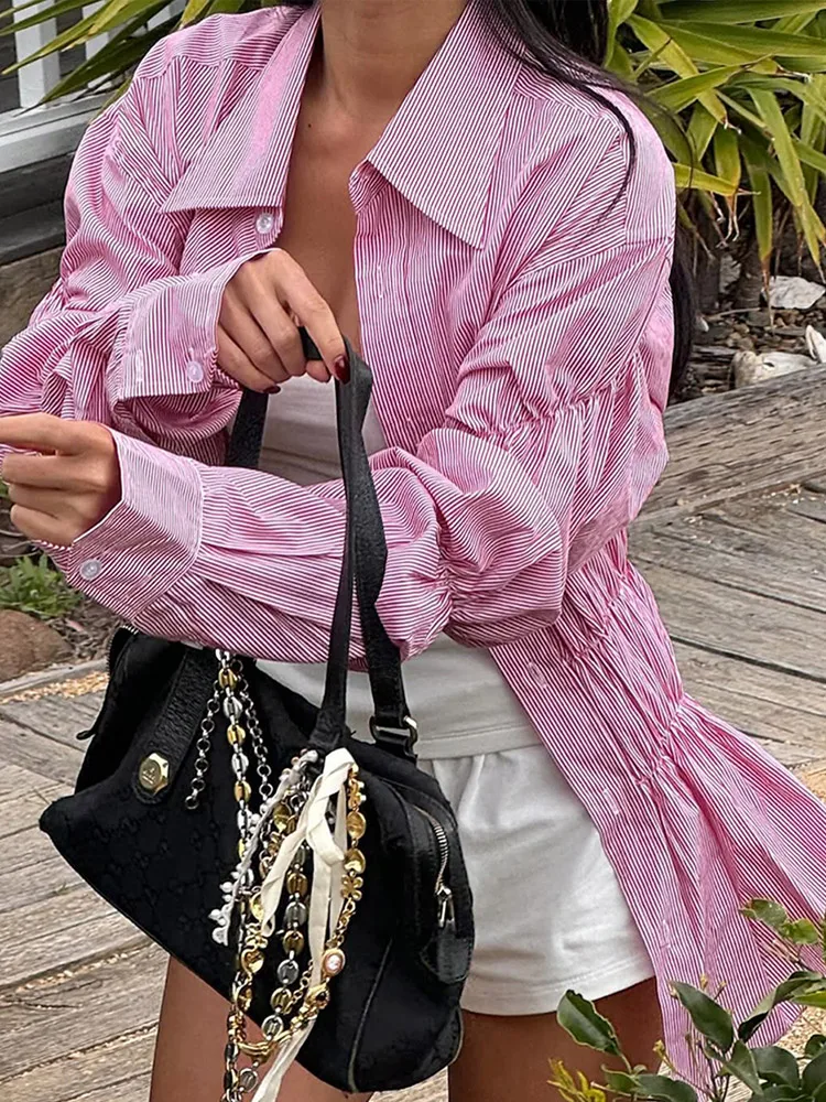 

Spring Casual Lapel Pleated Puff Sleeve Blouse Women Chic Single Breasted Slim Shirt 2025 Cool Girl High Street Casual Shirt