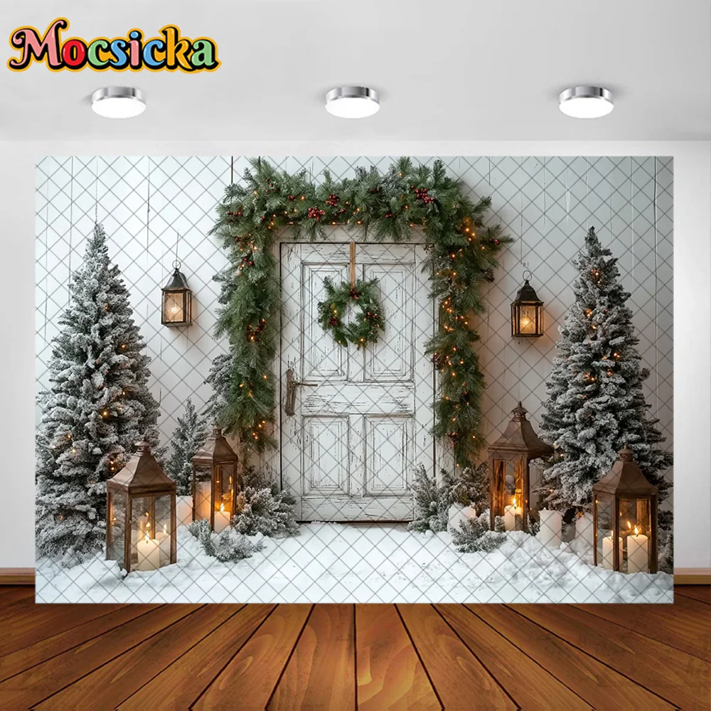 Mocsicka خلفيات للتصوير الفوتوغرافي شجرة عيد الميلاد إكليل الثلوج ديكورا الأسرة عيد الميلاد عطلة صورة خلفيات الصور للصور
