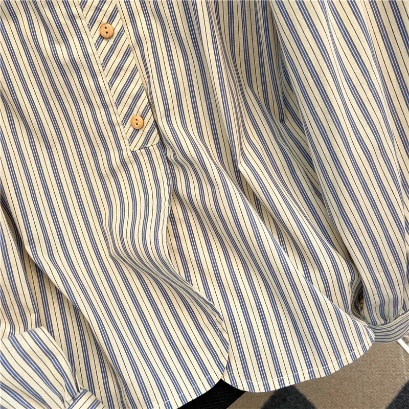 بلوزات نسائية كلاسيكية قمصان مخططة غير رسمية موضة ملابس صيفية فضفاضة كورية بأكمام طويلة قطنية للسيدات