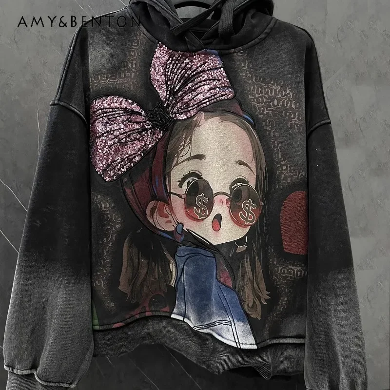 Autumn Winter Heavy Industry Cartoon Printed Sequins Little Girl Fleece Thickened Hooded Sweatshirts Women\'s Popular Loose Top