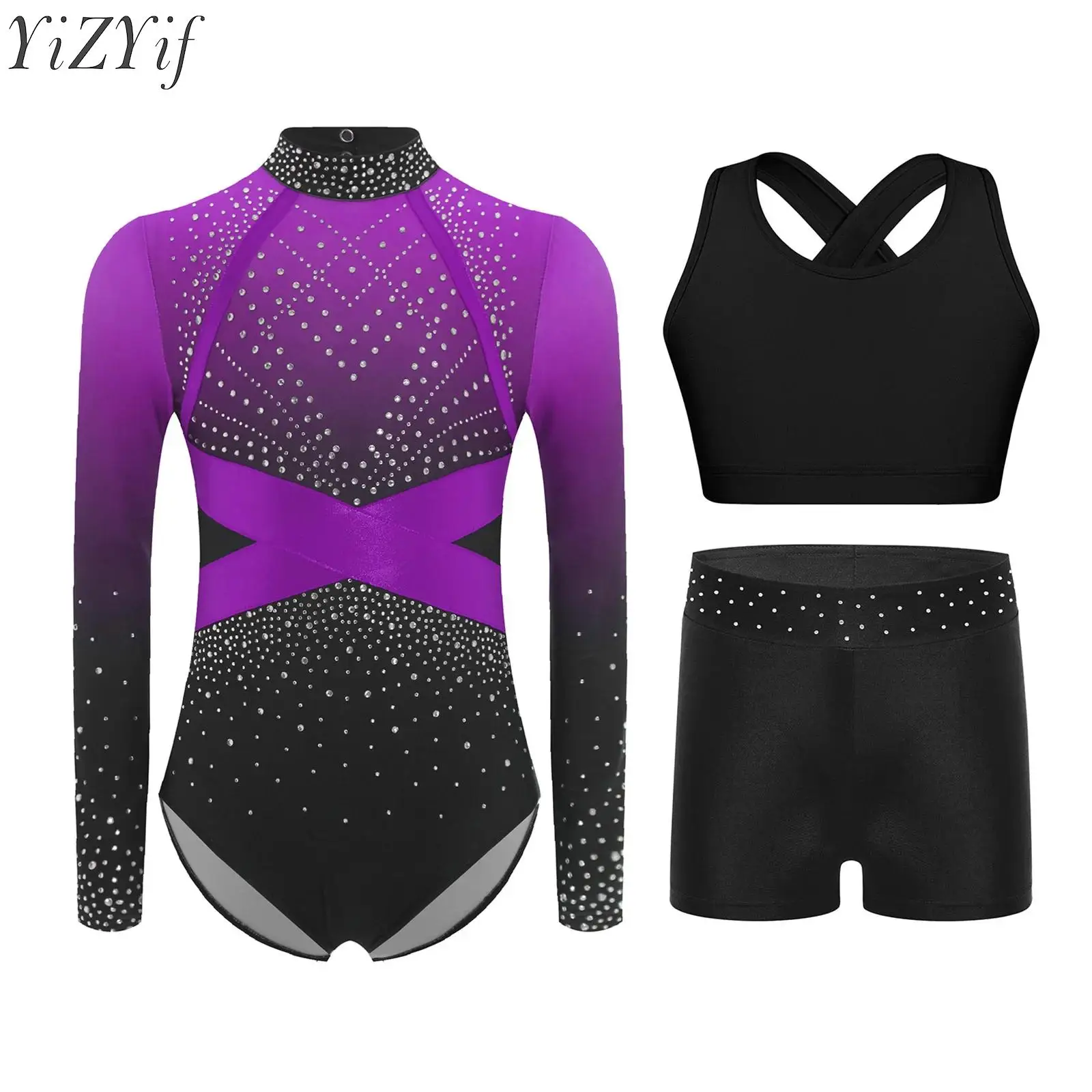 

Kids Girls Ballet Gymnastics Sets Figure Skating Dancewear Outfit Long Sleeve Keyhole Back Rhinestones Leotard Vest Shorts Suits