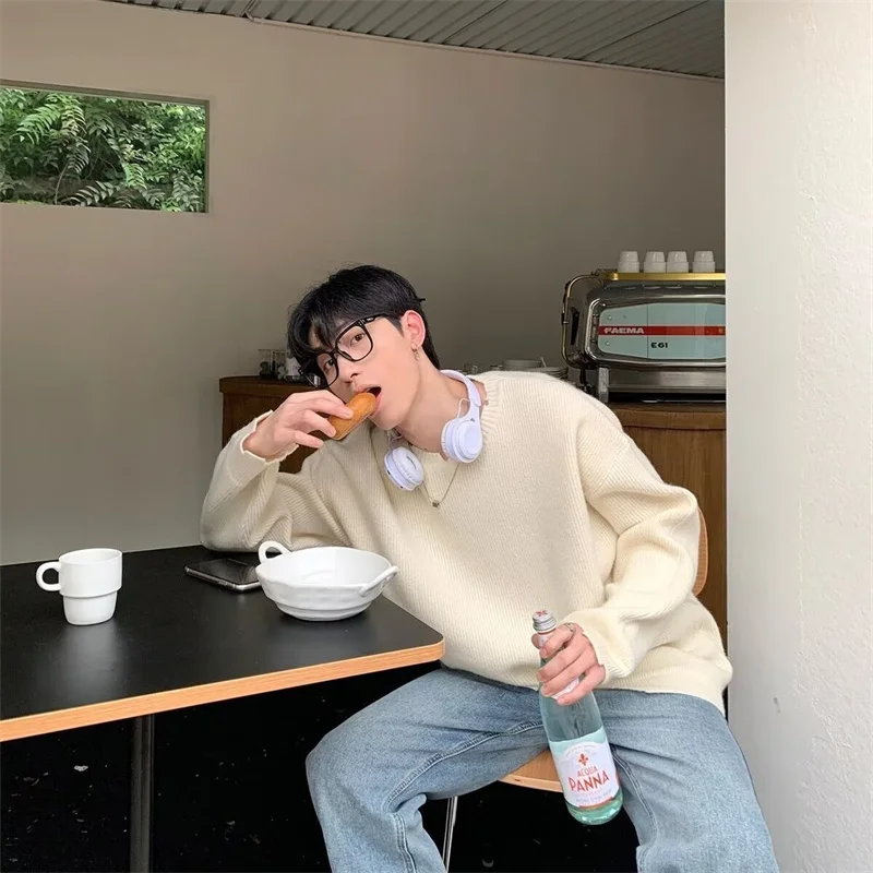 Pull à col rond pour hommes, couleur unie, basique, mode coréenne, chaud, tricoté, High Street, élégant, Y2K, automne