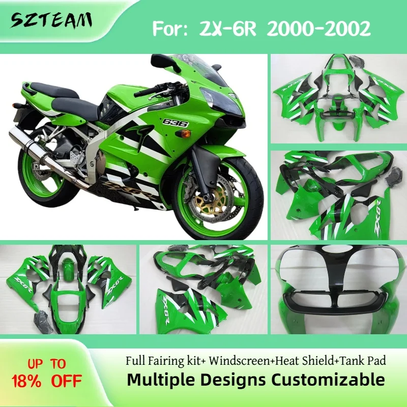 

ABS Plastic Fairings ZX6R 2000 2001 2002 Aftermarket Motorcycle Fairing Kit for Kawasaki ZX 6R 00 01 02 Green White Black