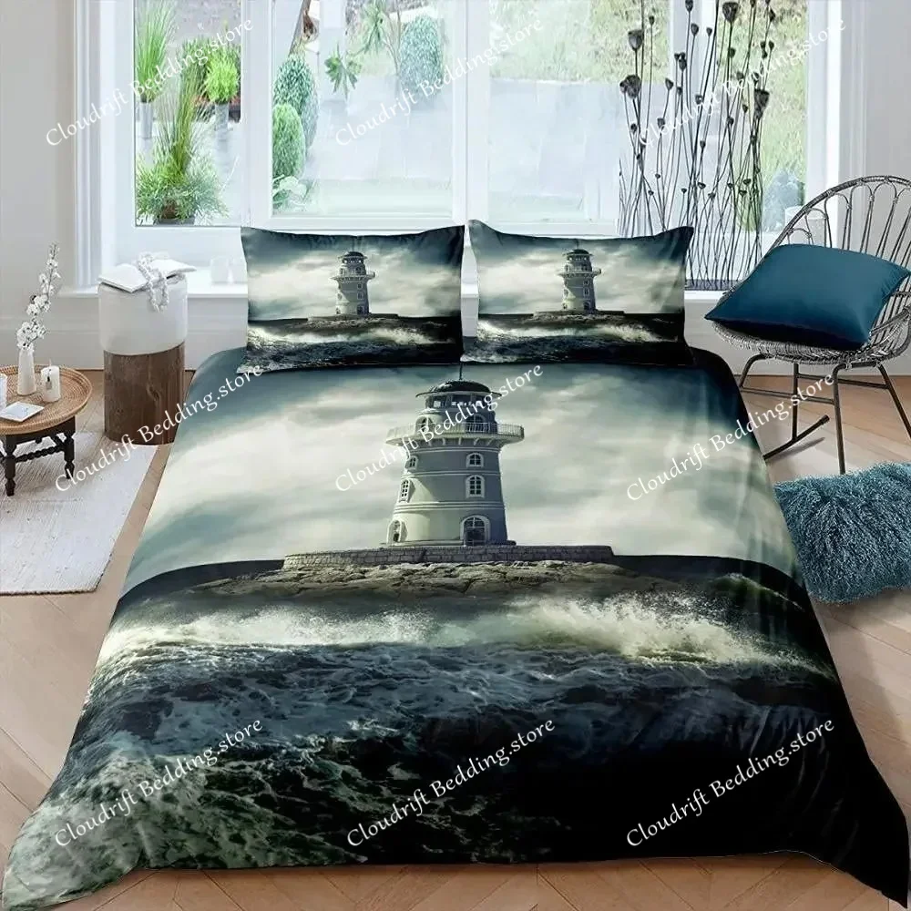 

Lighthouse Duvet Cover Set Nautical Surfing Ocean Wave Bedding Set Queen Polyester Coastal Nature Theme Quilt Cover for Boy