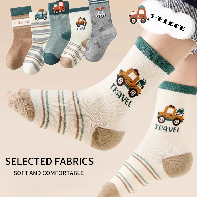 Kids Boys Flat Knit Crew Socks 5 Pairs Cartoon Car Print All Season Soft Breathable Children Daily Socks