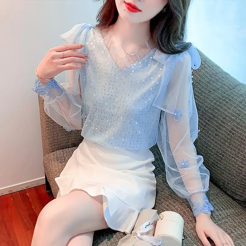 Spring Autumn Fashion Solid Chiffon Shirts Women's Clothing Sweat Loose Pullovers All Match V Neck Long Sleeve Sequins Blouses