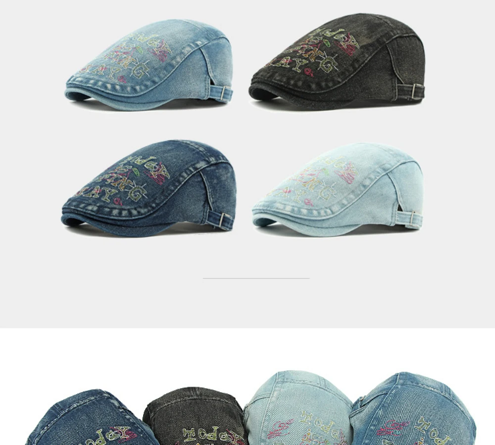 HT4739 Hochwertige Bestickte Buchstaben-Denim-Baskenmütze für Herren und Damen, Retro Künstler-Malermütze, Herren- und Damen-Ivy-Flatcap, Baskenmützen – Detail 1