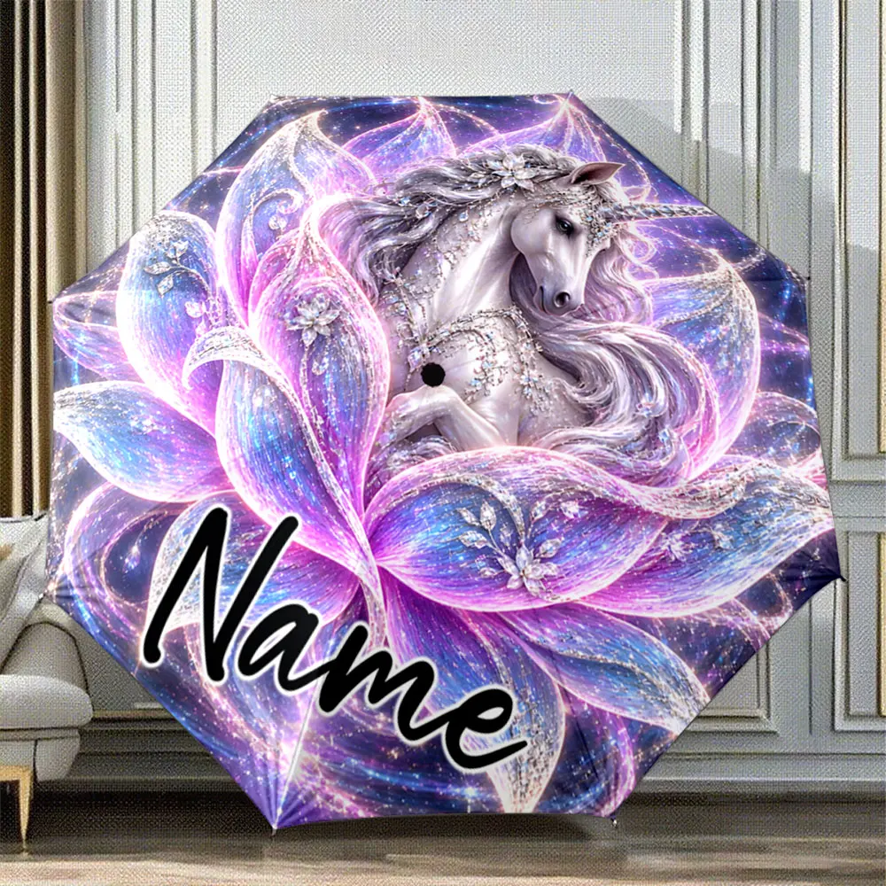 Custom Name Umbrella Dreamy Unicorn with Pink Lotus Sparkle 8 Iron Ribs Folding Umbrella Auto-Open Fashion Sunshade